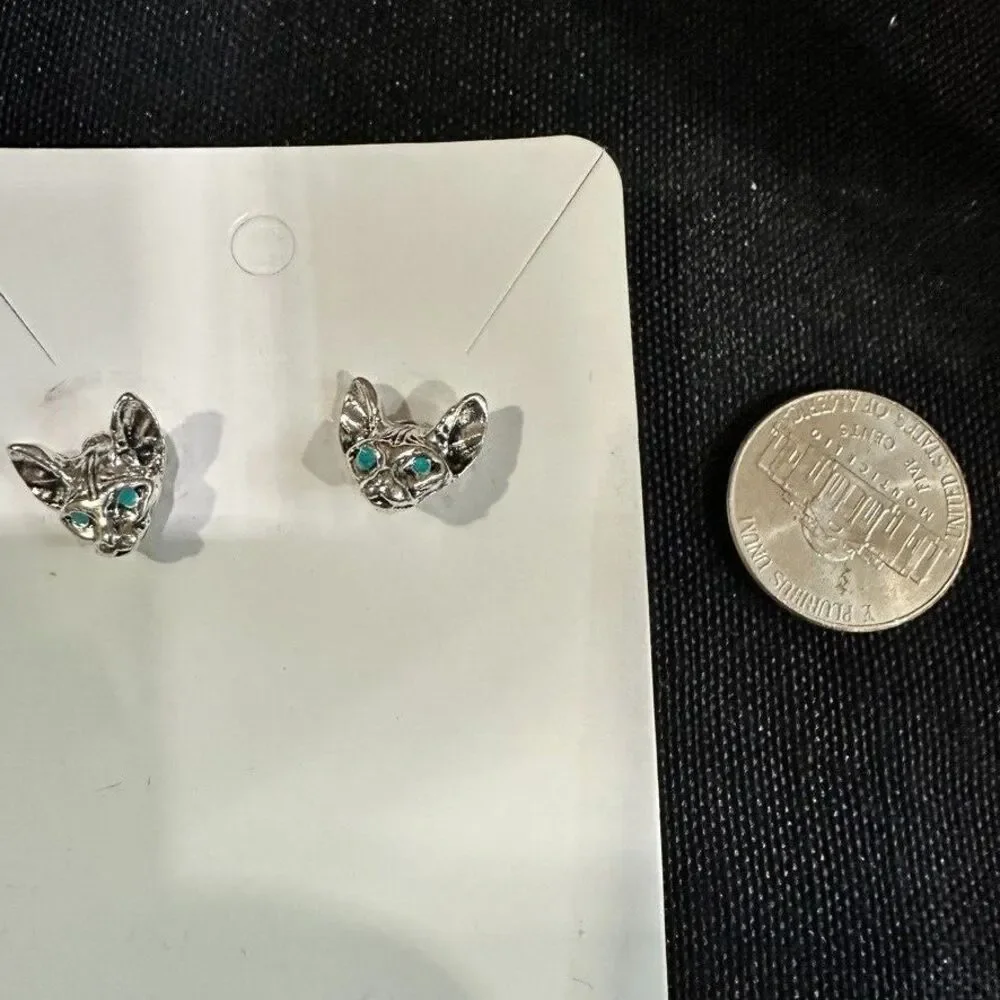 Cat Womens Earrings Silver Post Green Eyes Hairless Cats Kitten Heads NEW